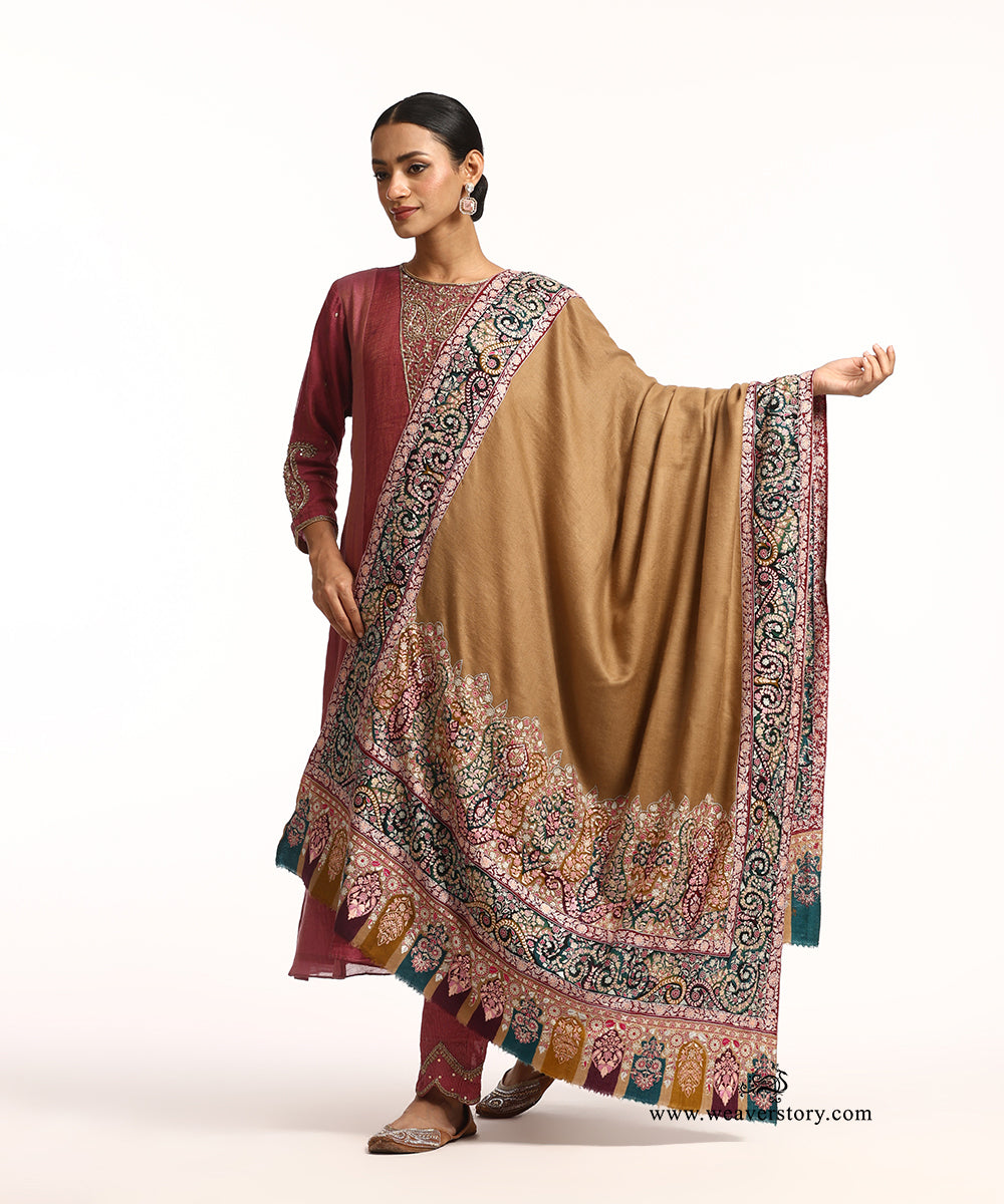 Multicolour Pure Pashmina Shawl With Kalamkari Palla Border
