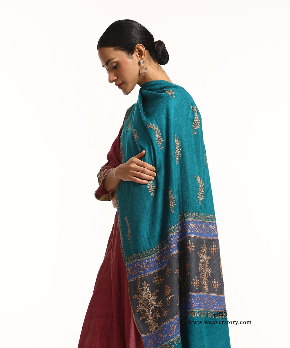 Teal Blue Pure Pashmina Shawl With Hand Embroidered Needle Work