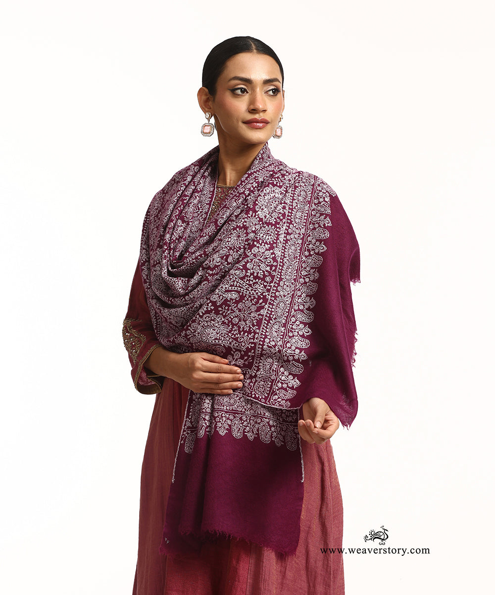 Plum Wine Handwoven Pure Pashmina Jamawar Stole