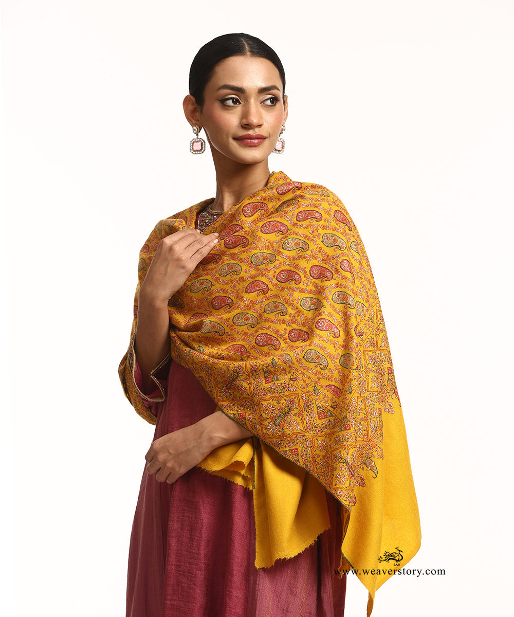 Handwoven Mustard Jamawar Pure Pashmina Shawl With Soznikari Jaal