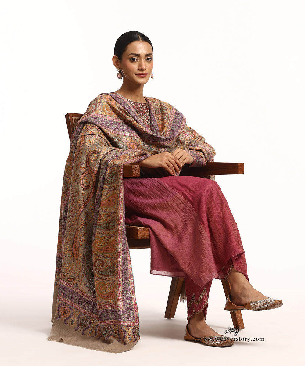 Natural Toosh Handwoven Jamawar Pure Pashmina Shawl With Sozni Kari Embroidery