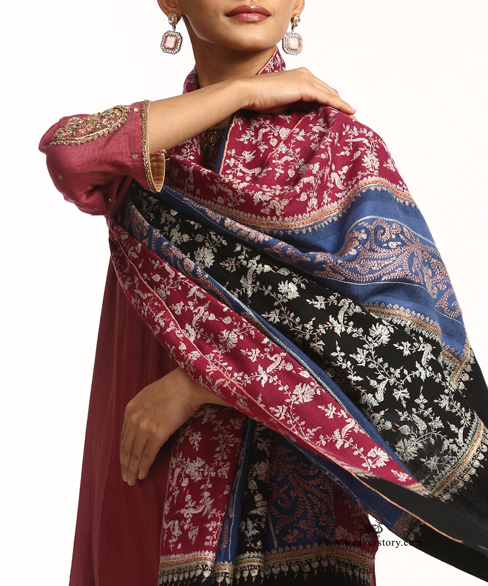 Handwoven Black Pure Pashmina Shawl With Soznikari Work