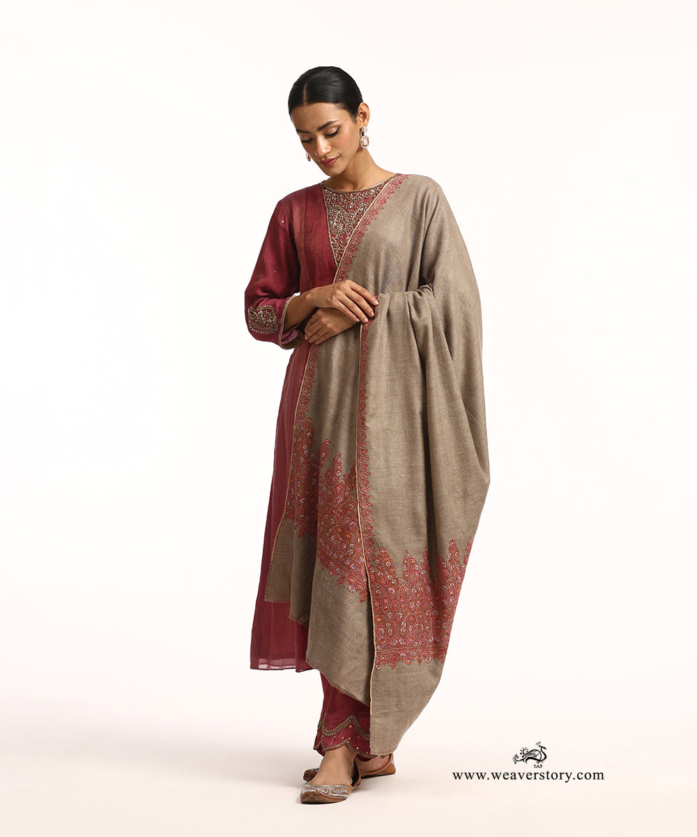 Natural Toosh Color Handwoven Pure Pashmina Shawl With Resham Sozni Kari Palla