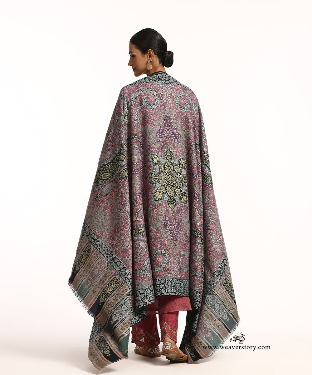 Black Handwoven Unisex Pure Pashmina Shawl With Kalamkari And Soznikari