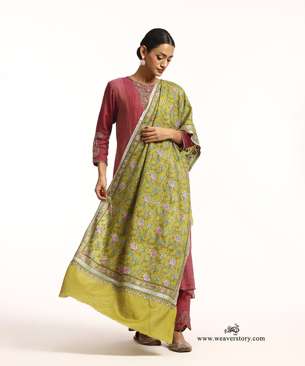 Lime Green Handwoven Paper Mache And Tilla Work Pure Pashmina Stole