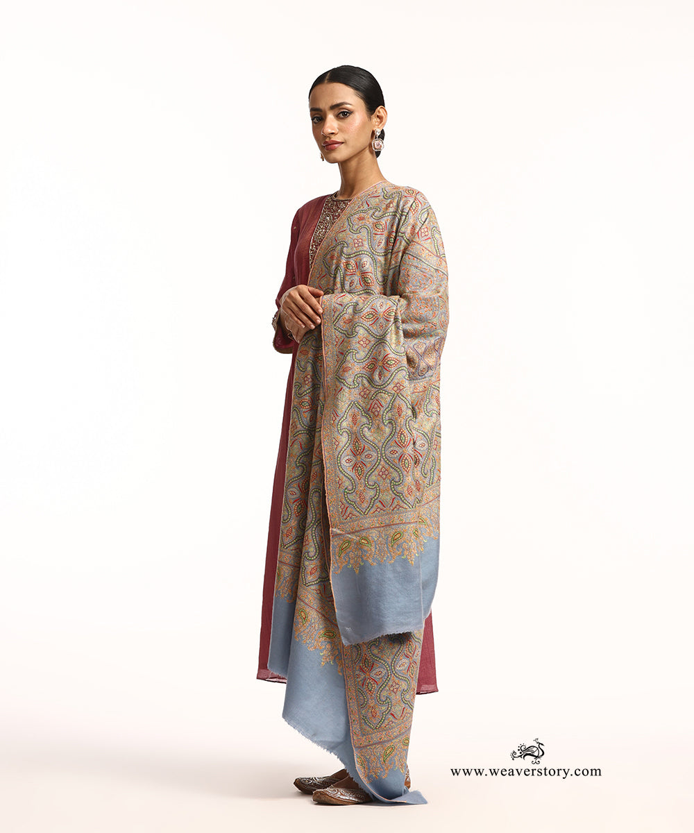Grey Handwoven Pure Pashmina Shawl With Multicolor Soznikari