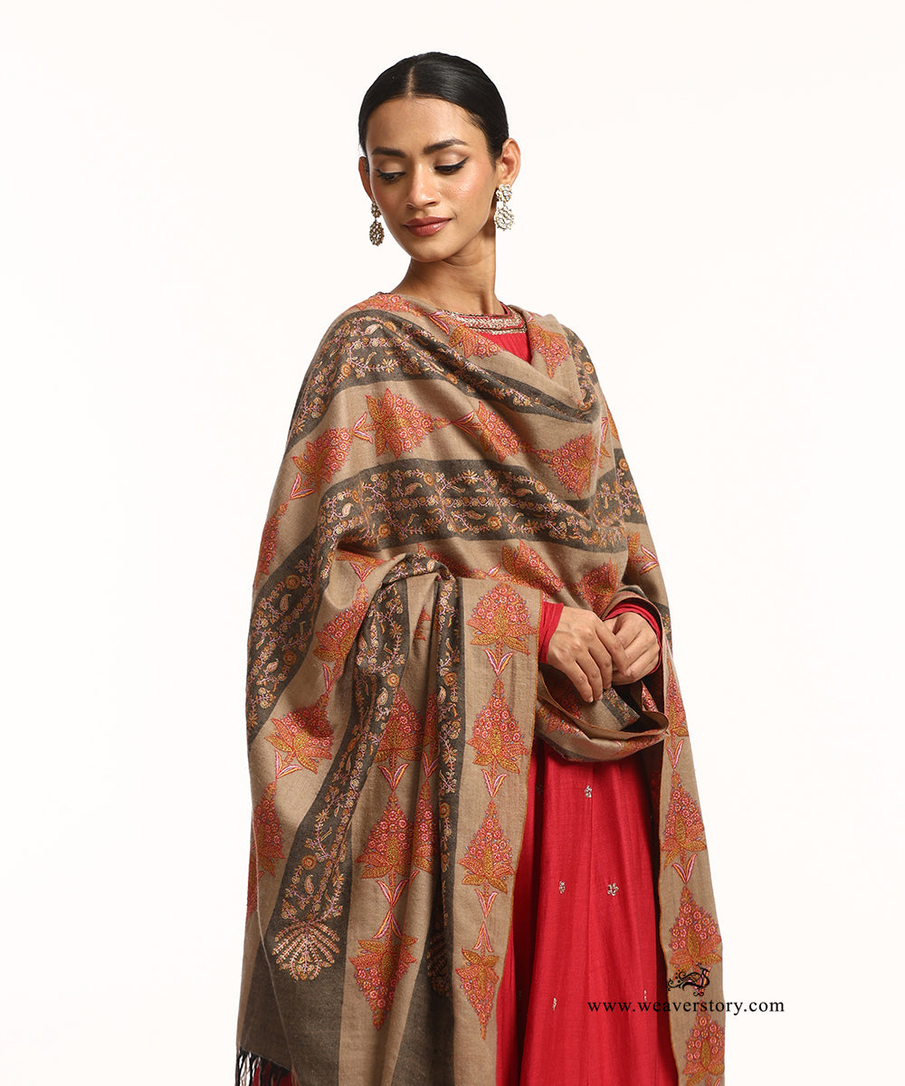 Brown Handwoven Striped Jamawar Pure Pashmina Shawl