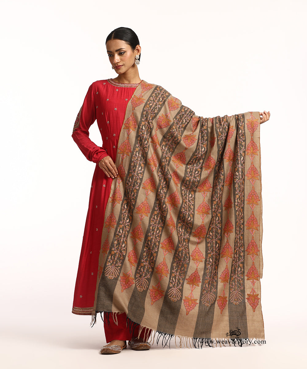 Brown Handwoven Striped Jamawar Pure Pashmina Shawl