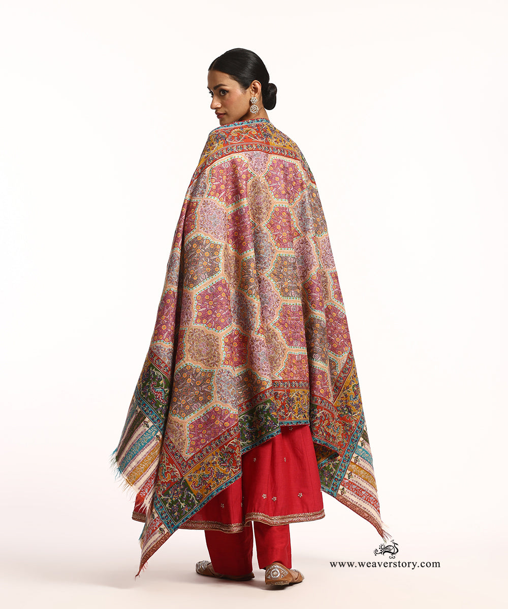 Green And Red Handwoven Jamawar Pure Pashmina Shawl With Soznikari