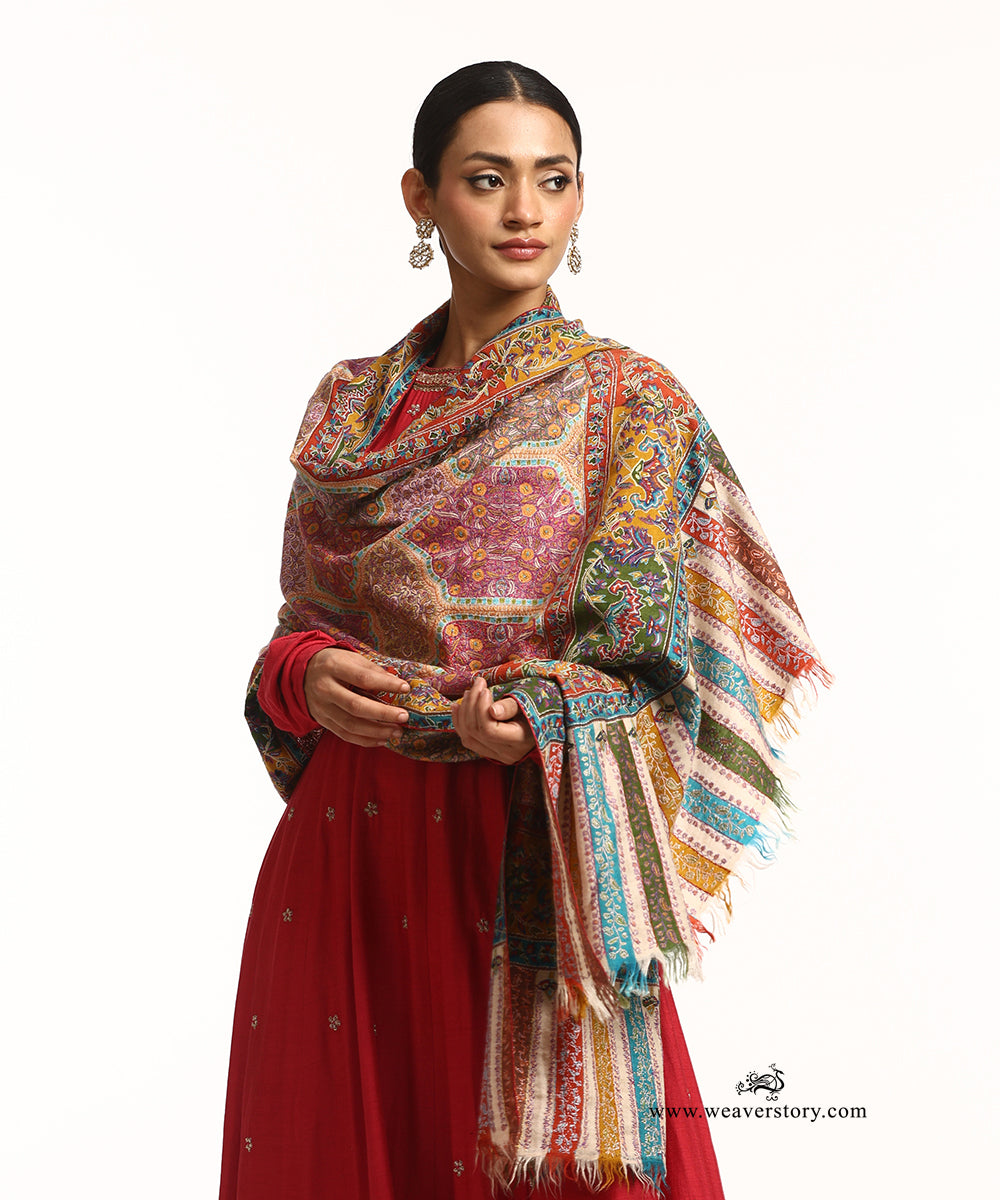 Green And Red Handwoven Jamawar Pure Pashmina Shawl With Soznikari