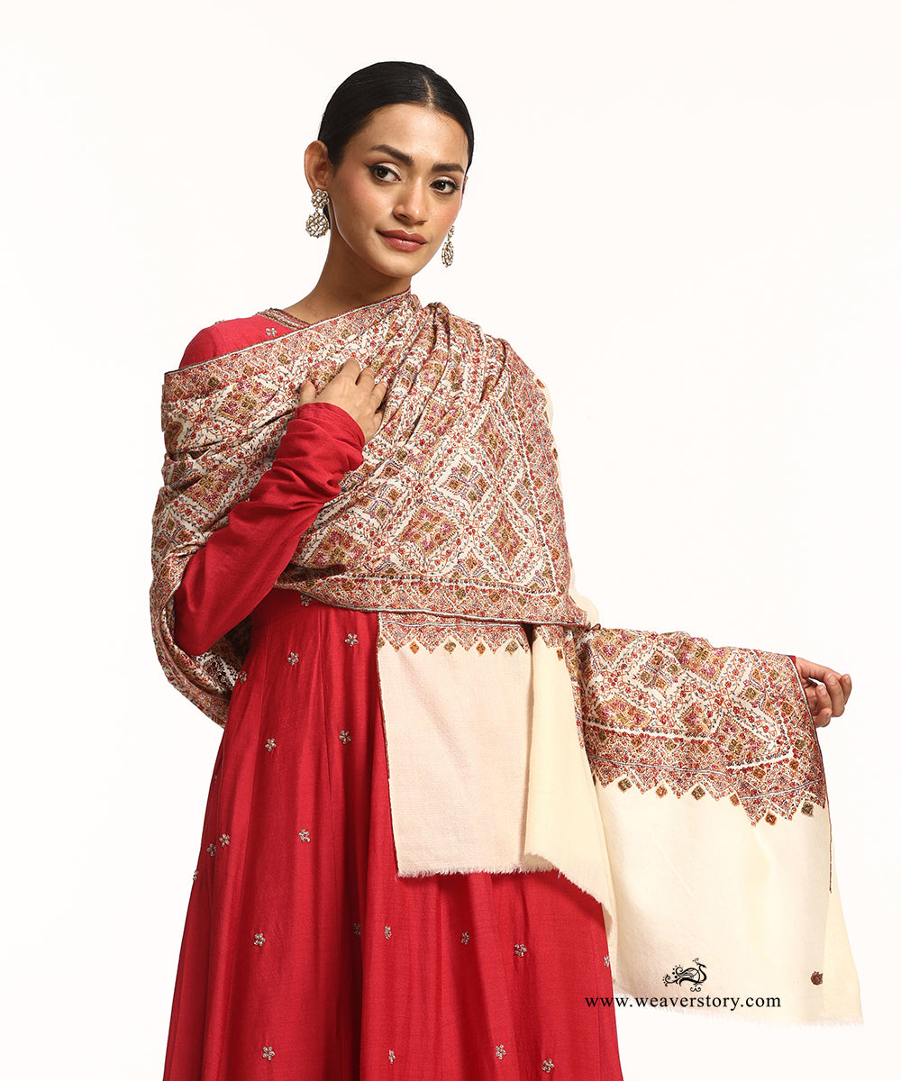 White Handwoven Jamawar Pashmina Shawl With Soznikari