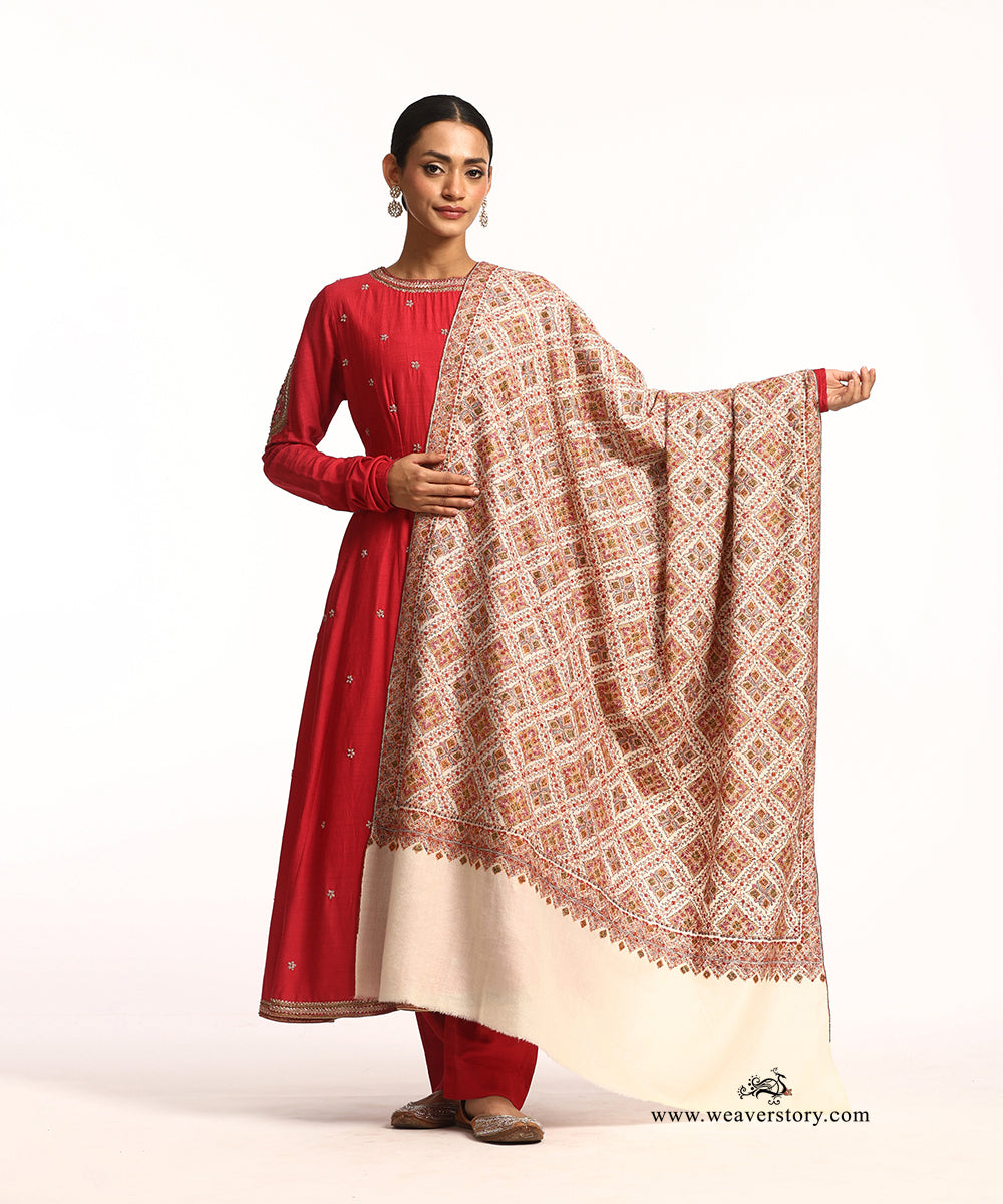 White Handwoven Jamawar Pashmina Shawl With Soznikari