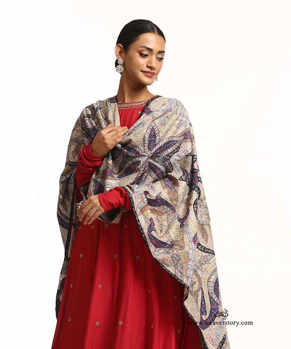 Beige Handwoven Kalamkari Handwork Pure Pashmina Stole