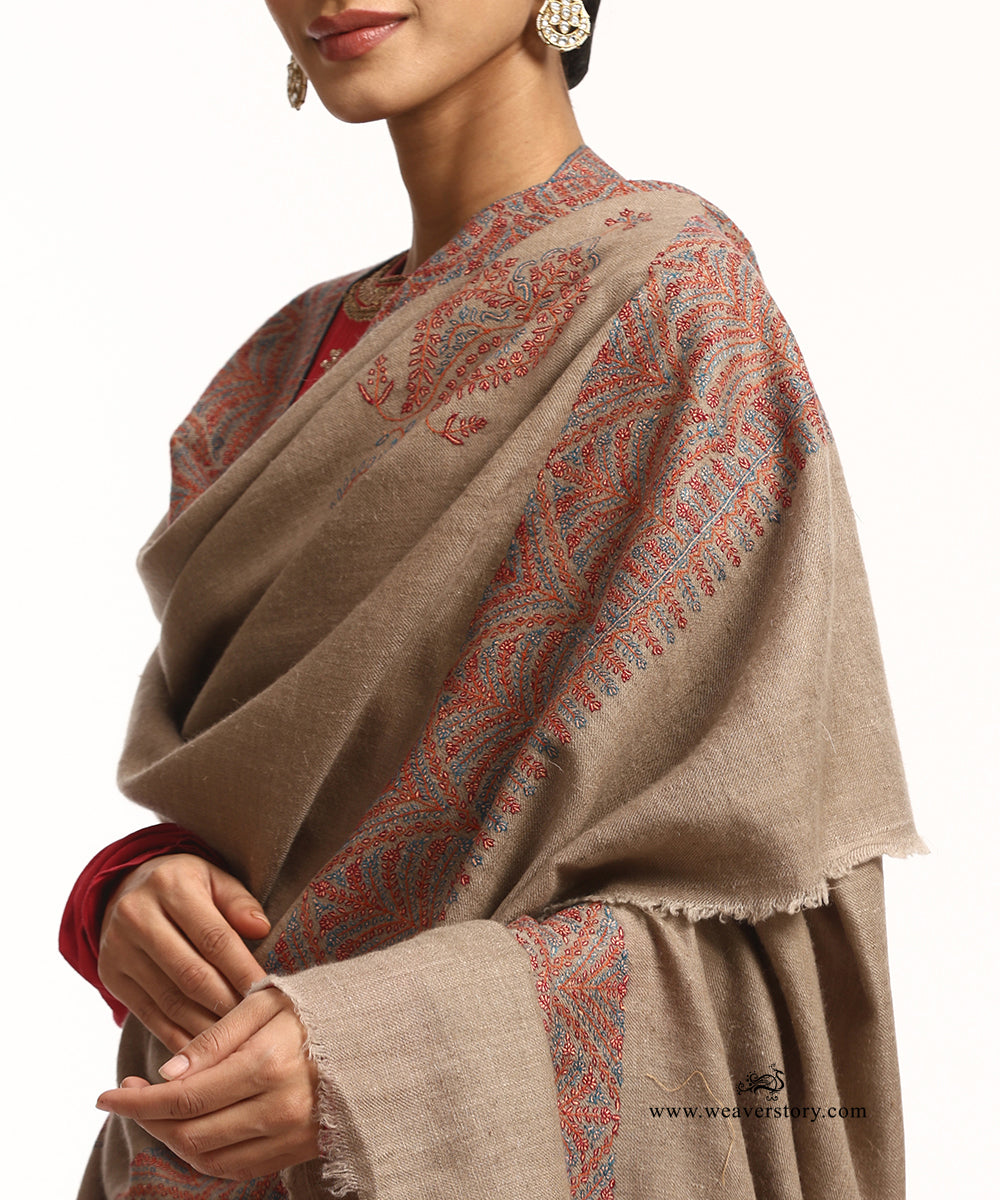 Grey Handwoven Pure Pashmina Shawl With Hand Embroidered Dana Work