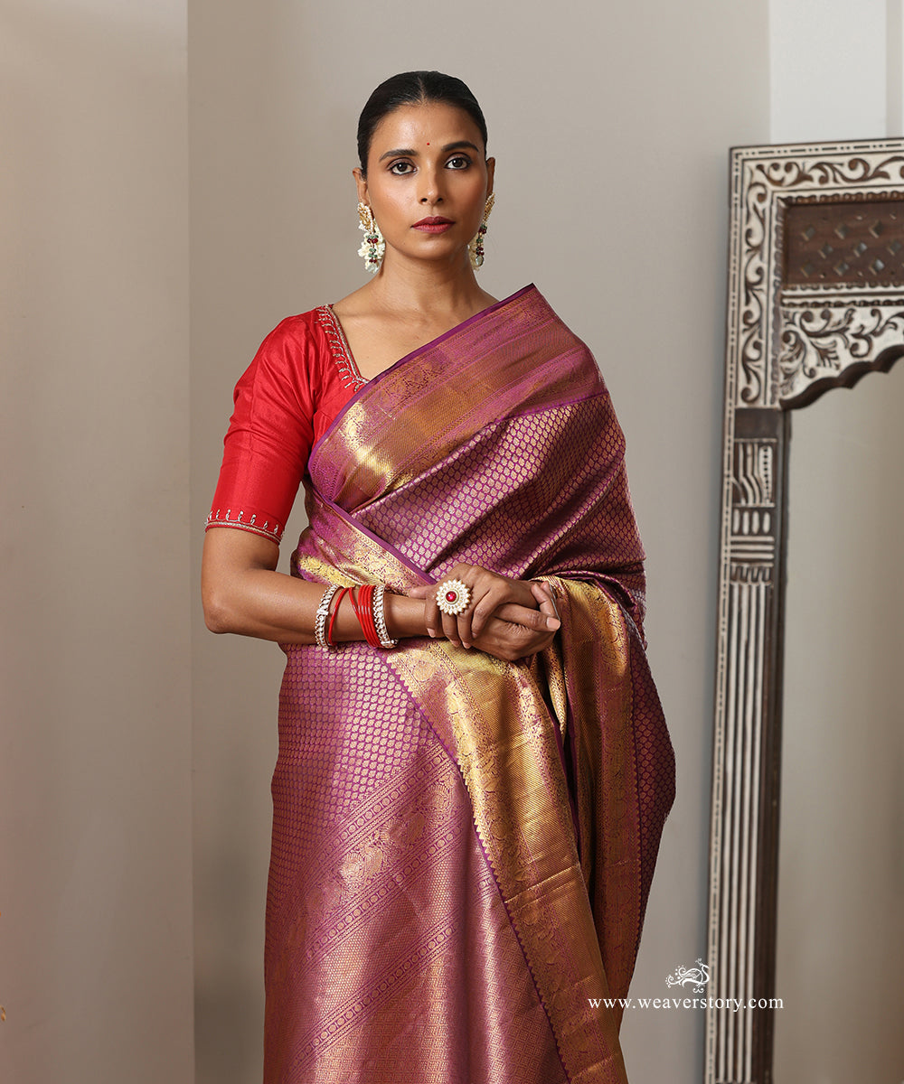 Royal Purple Handloom Pure Silk Kanjivaram Saree With Allover Booti Annapakshi And Elephant Motifs On Gold Zari Border