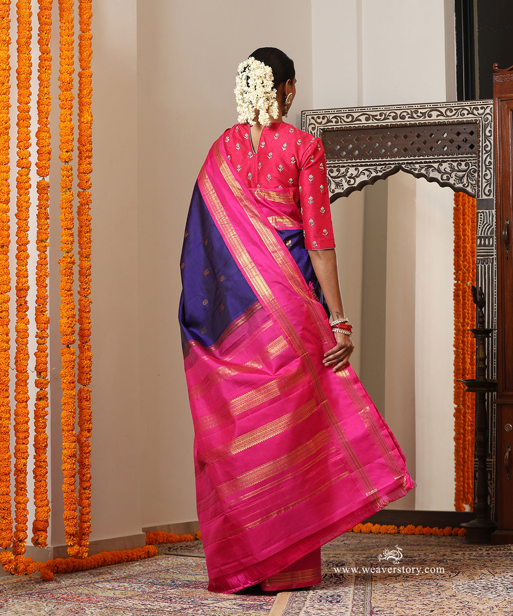 Royal Blue Handloom Pure Silk Kanjivaram Saree With Annapakshi Motifs And Pink Border