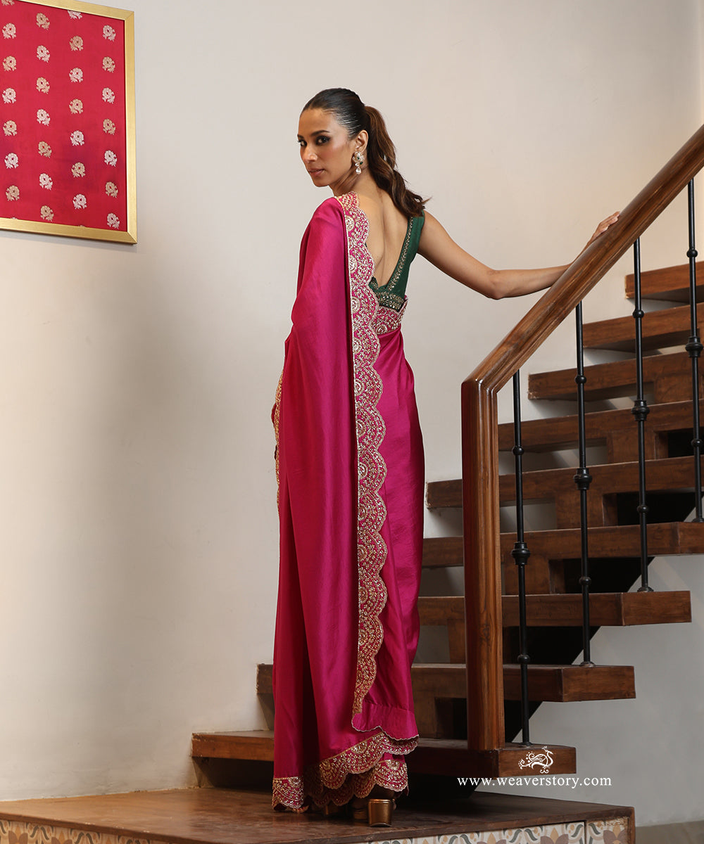 Magenta Pure Mulberry Silk Saree with Hand-Embroidered Zardozi Scalloped Border