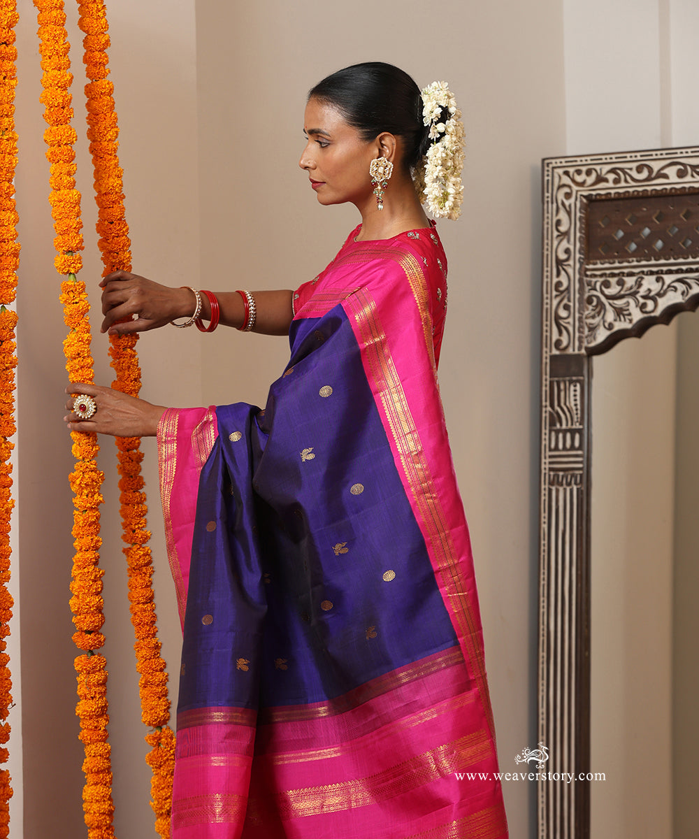 Royal Blue Handloom Pure Silk Kanjivaram Saree With Annapakshi Motifs And Pink Border