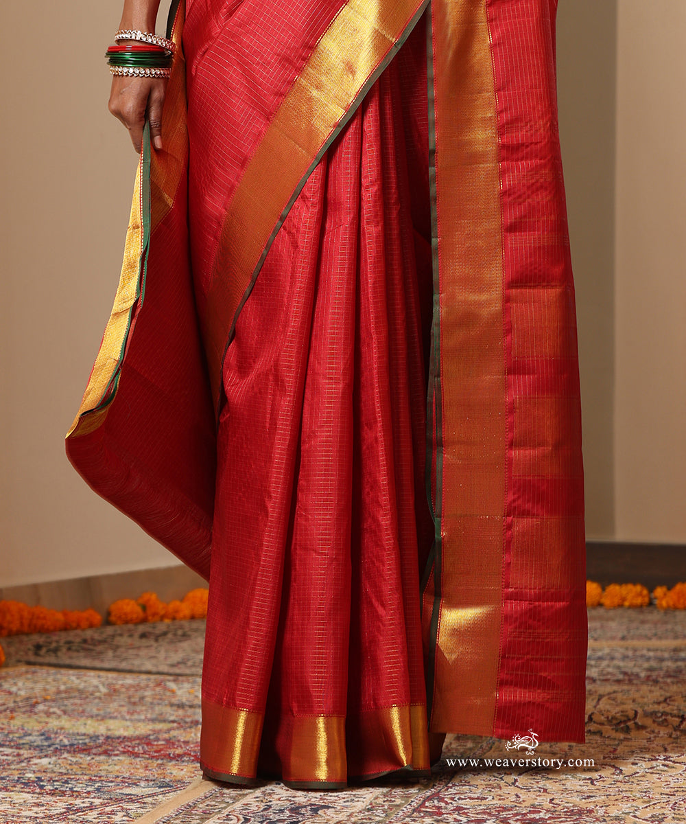 Maroon Handloom Pure Silk Kanjivaram Saree With Allover Checks And Gold Zari Border
