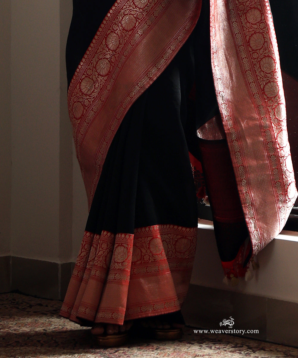 Black Handwoven Pure Organza Saree with Red Banarasi Silk Zari Border