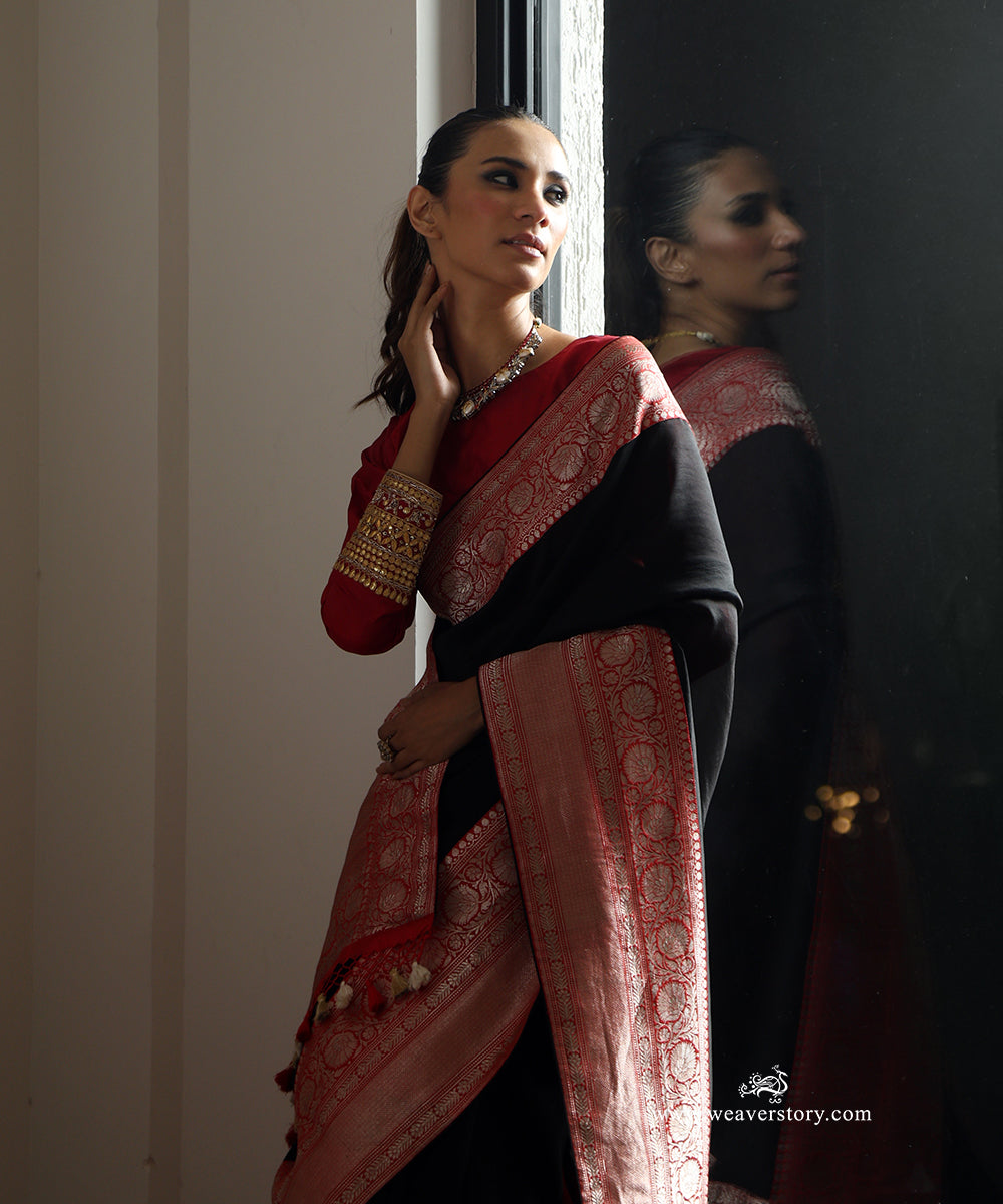 Black Handwoven Pure Organza Saree with Red Banarasi Silk Zari Border