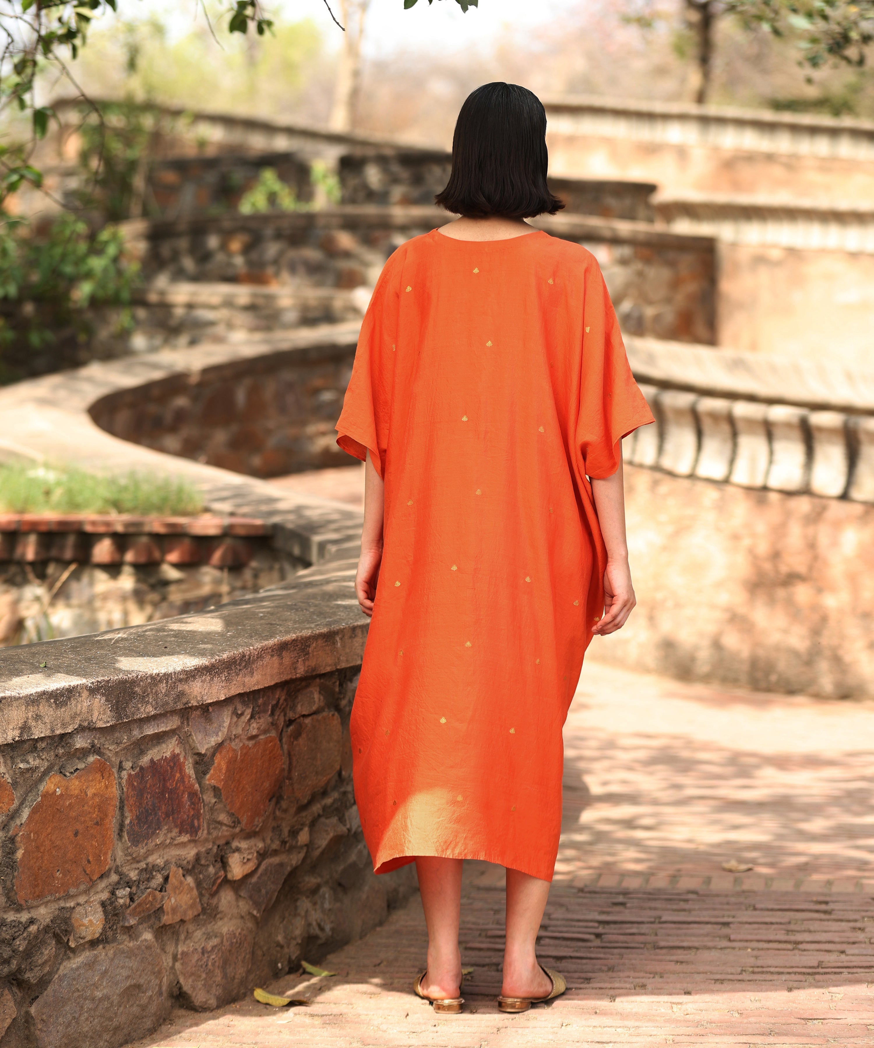 Handloom Orange Silk Kaftan With Delicate Zari Motifs Ready To Wear Ensembles