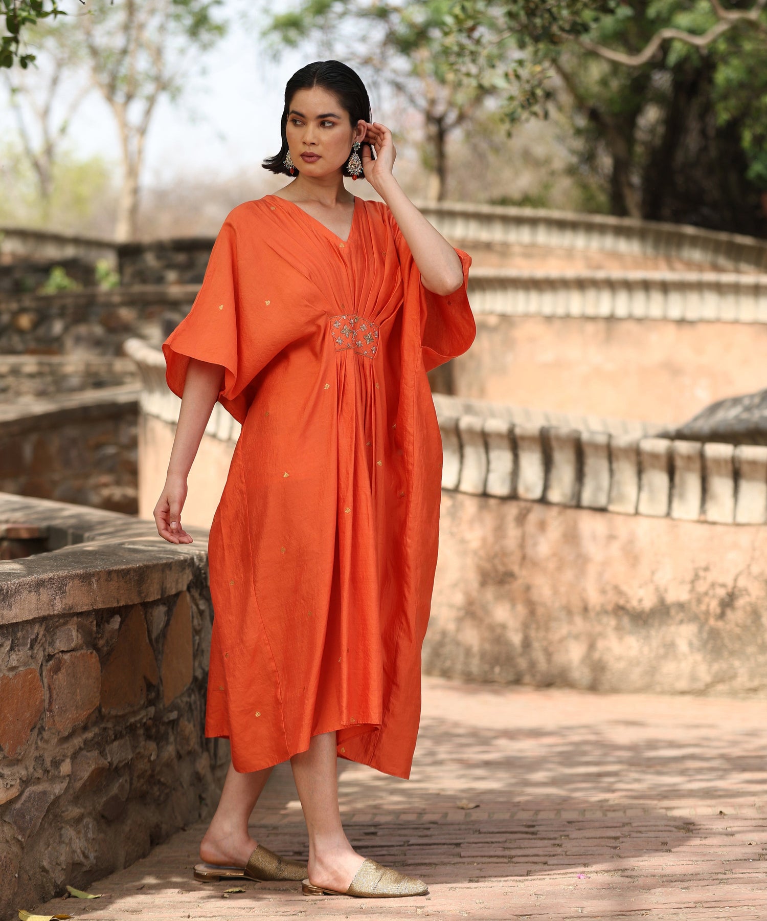 Handloom Orange Silk Kaftan With Delicate Zari Motifs Ready To Wear Ensembles
