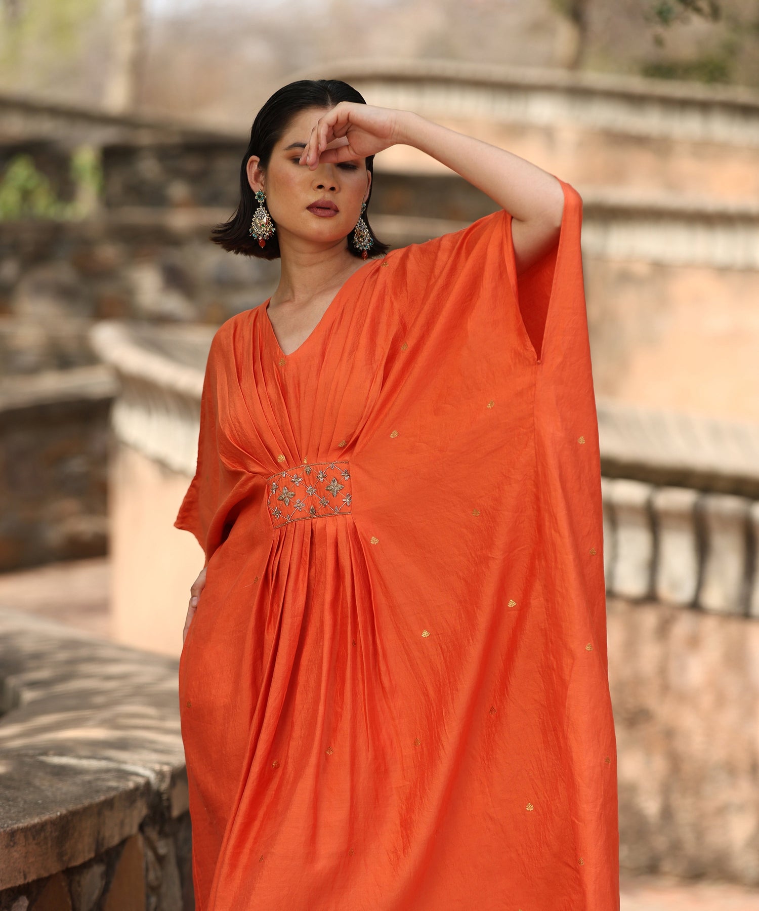 Handloom Orange Silk Kaftan With Delicate Zari Motifs Ready To Wear Ensembles