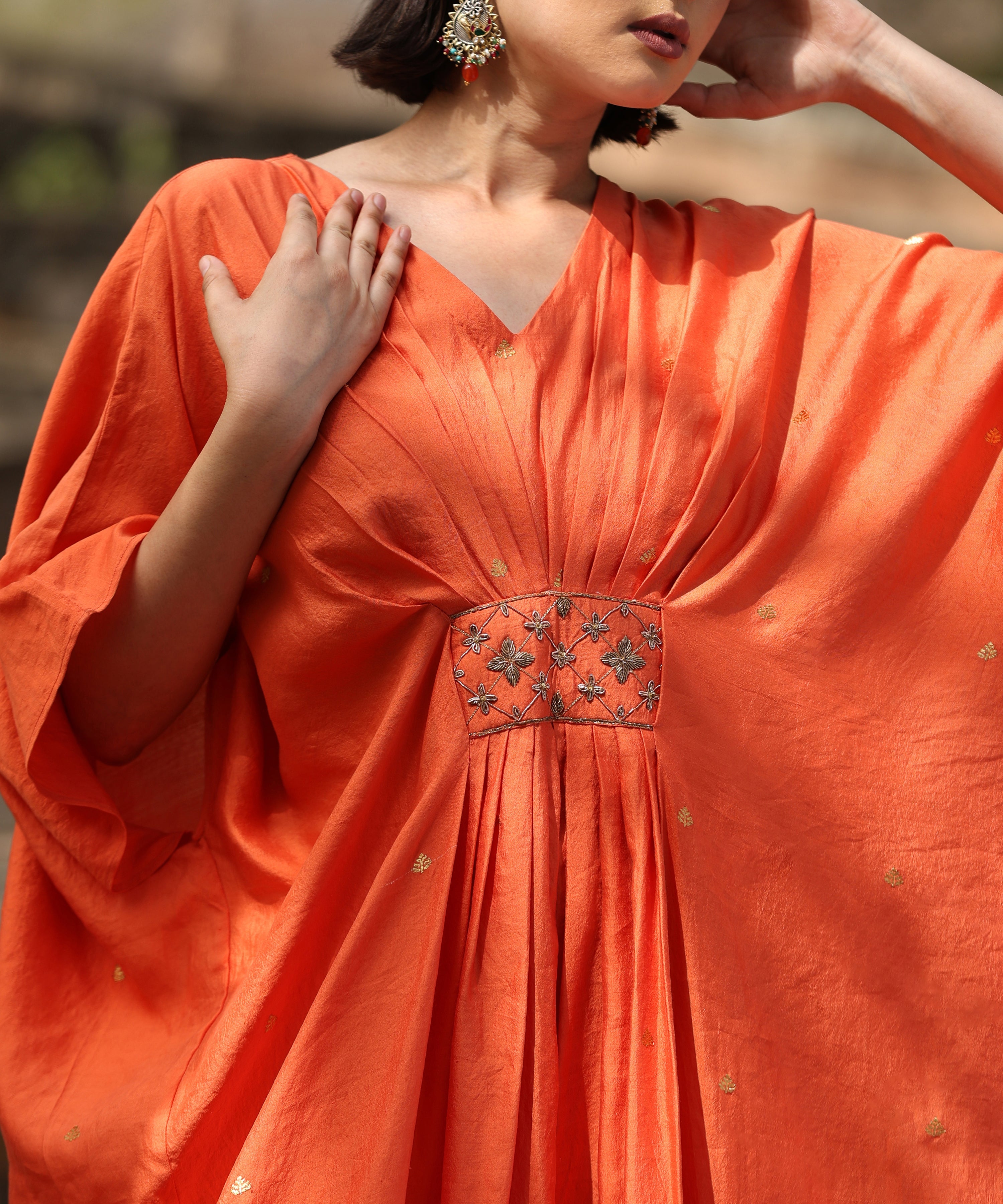 Handloom Orange Silk Kaftan With Delicate Zari Motifs Ready To Wear Ensembles