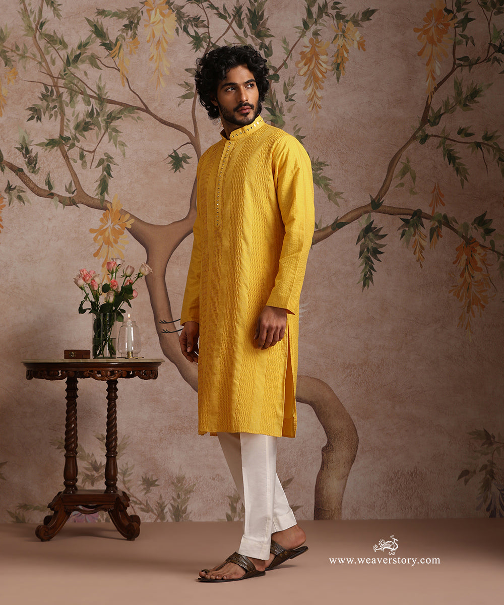 Yellow Handloom Cotton Silk Pintuck Kurta With Mirror Detailing With Pant