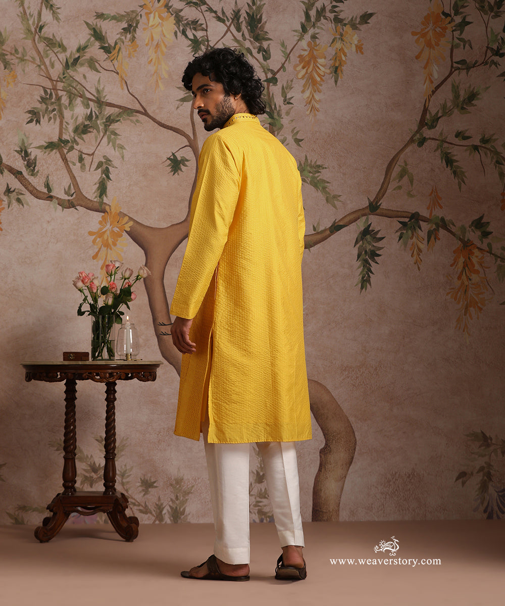 Yellow Handloom Cotton Silk Pintuck Kurta With Mirror Detailing With Pant
