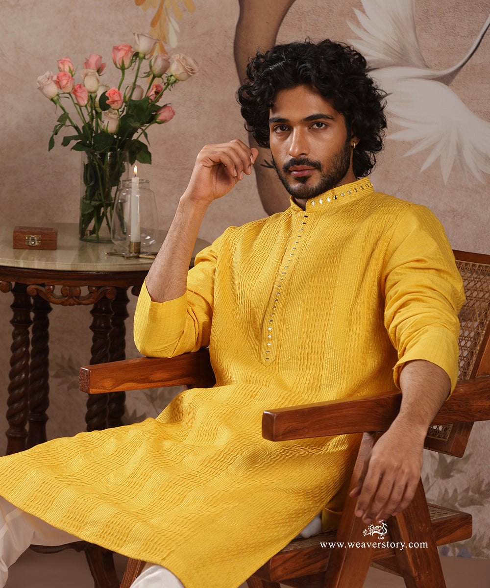 Yellow Handloom Cotton Silk Pintuck Kurta With Mirror Detailing With Pant