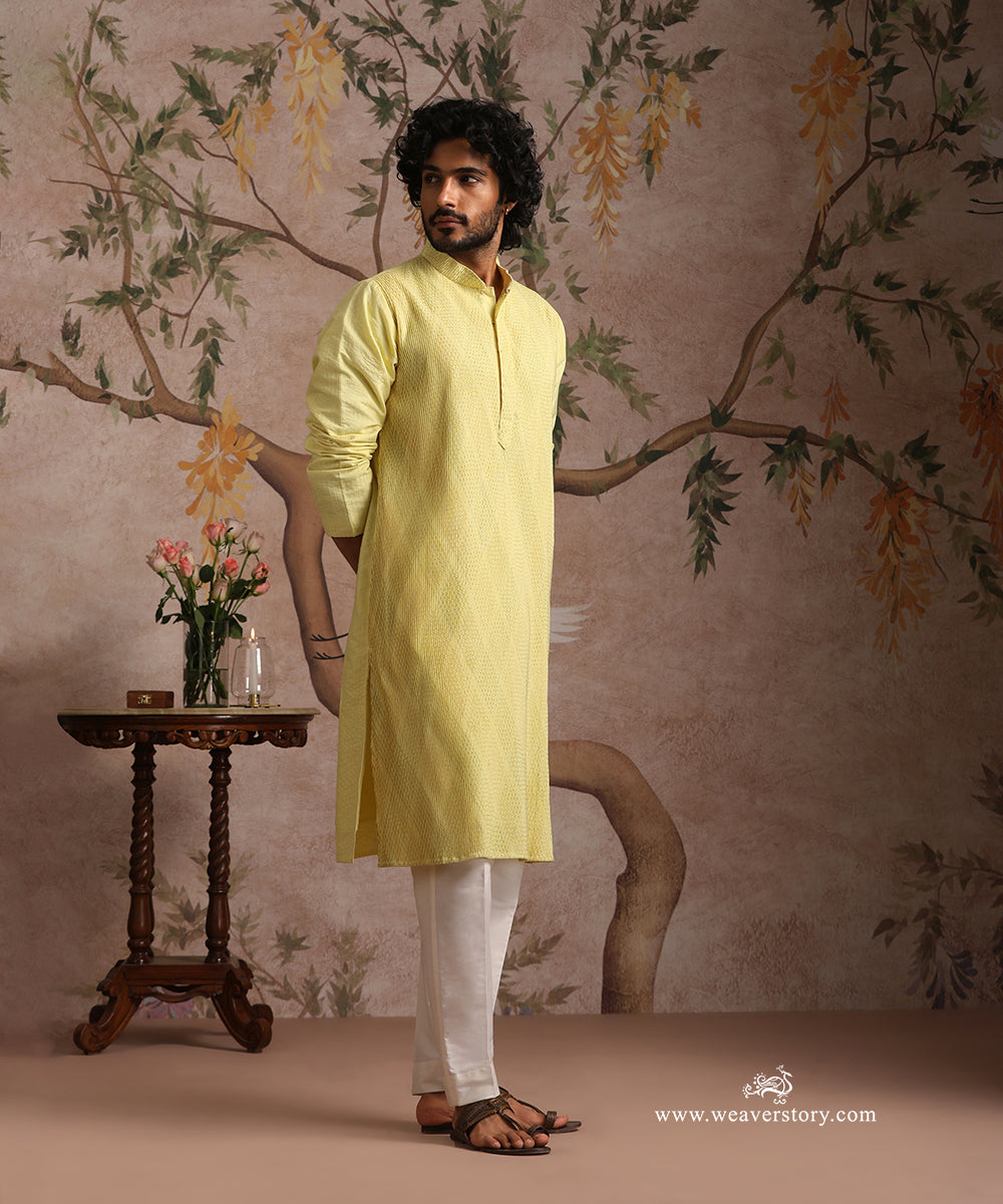 Yellow Handloom Cotton Silk Pintuck Kurta With Pant