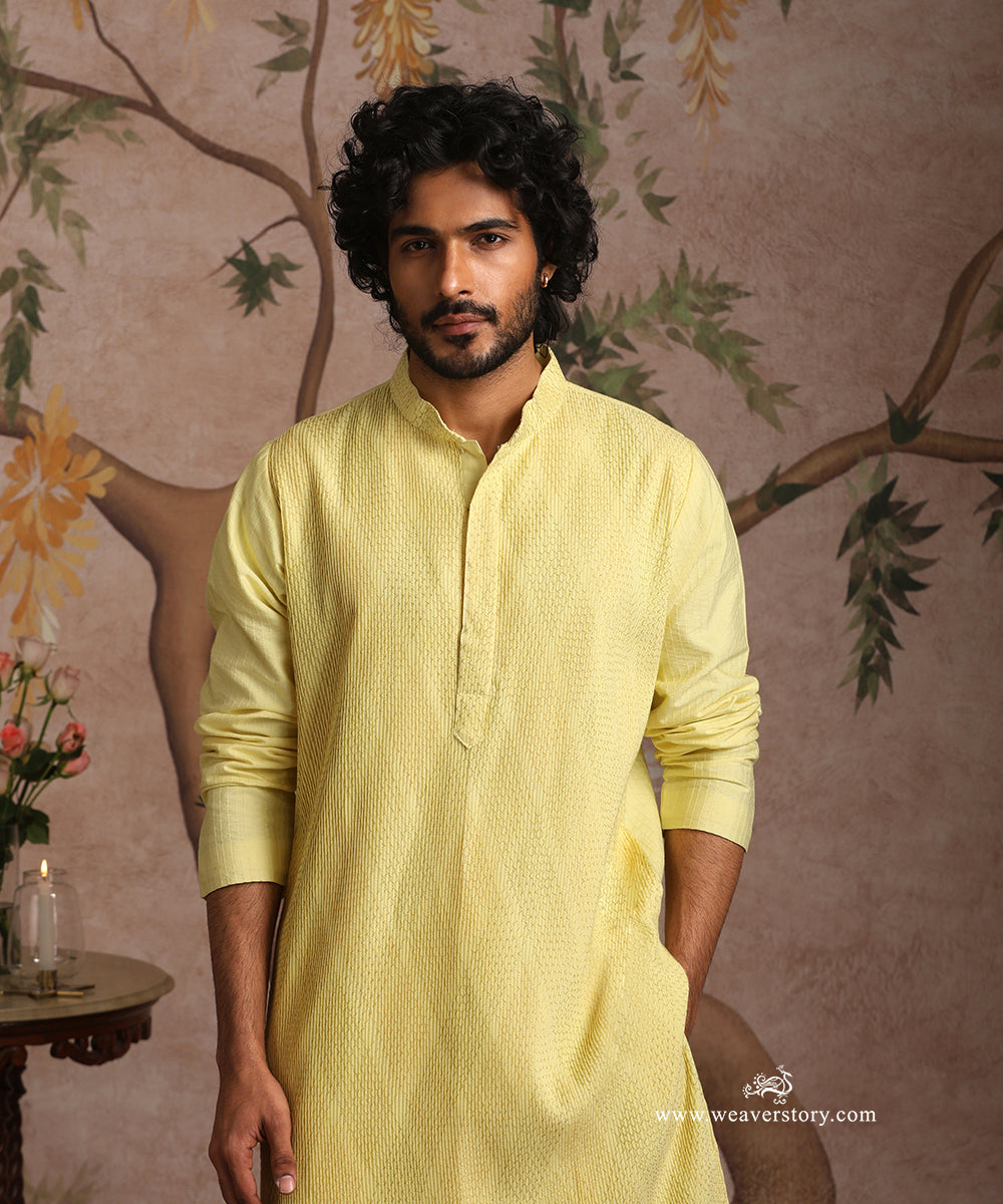 Yellow Handloom Cotton Silk Pintuck Kurta With Pant