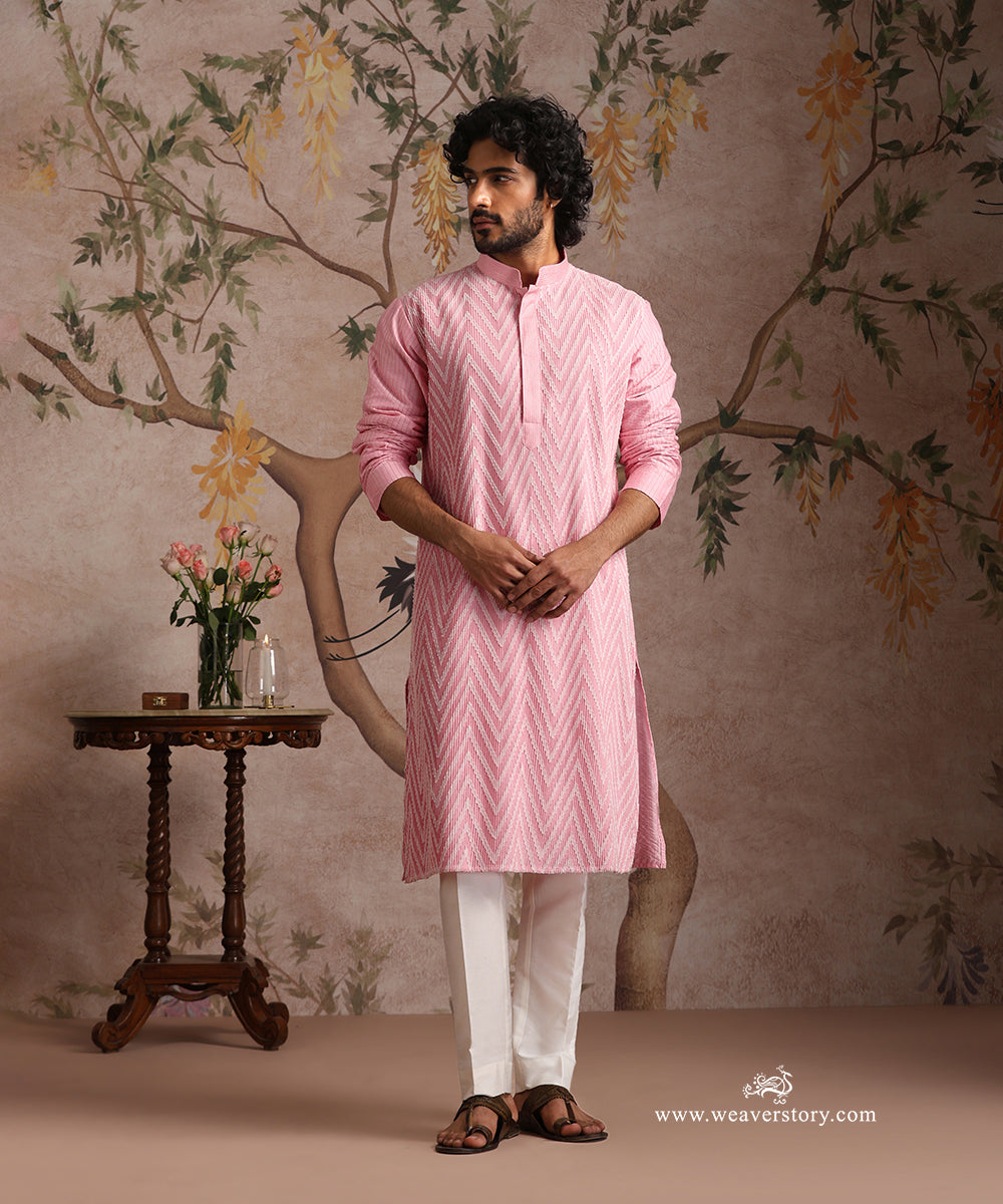 Pink Handloom Cotton Silk Aplic Kurta In Chevron Motif