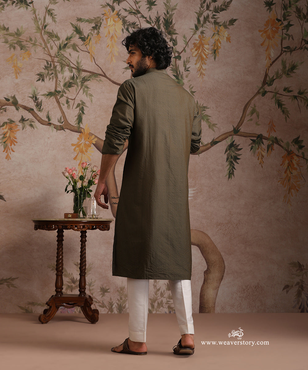 Olive Green Handloom Cotton Silk Mirror Work Kurta With Pant