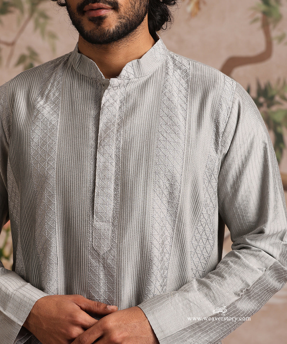 Grey Handloom Cotton Silk Pintuck Kurta With Pant