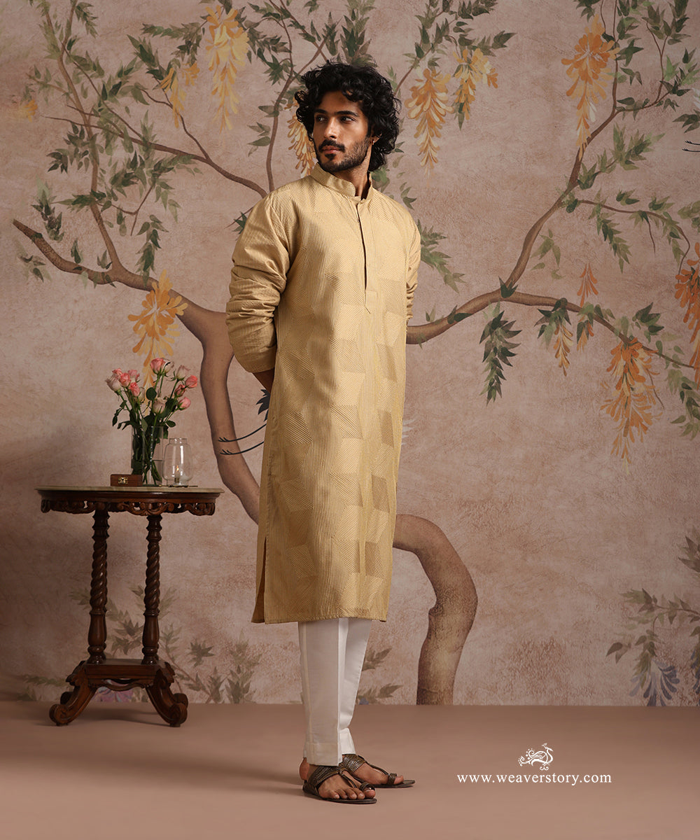 Beige Handloom Cotton Silk Zig Zag Embroidered Kurta With Pant