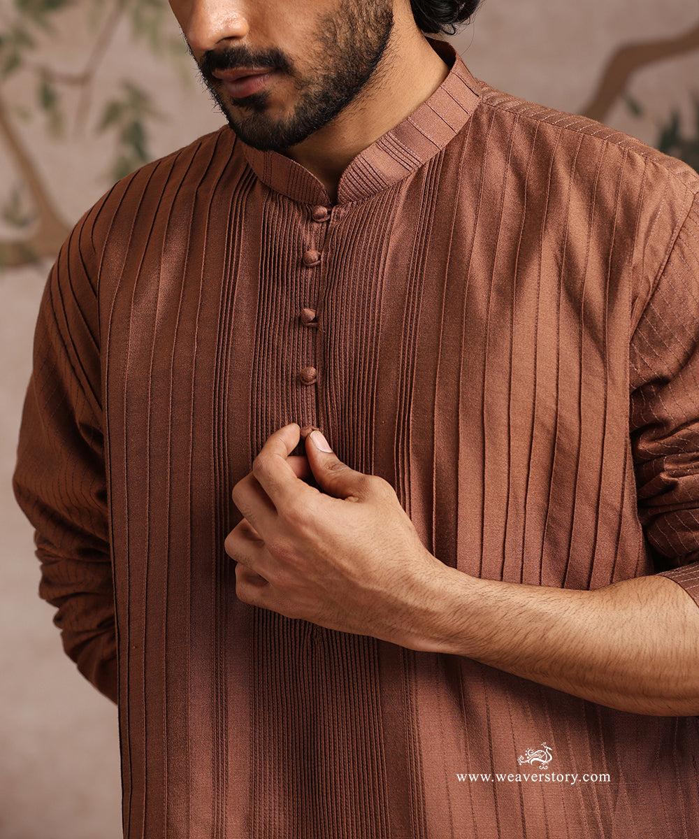 Brown Handloom Cotton Silk Pintuck Kurta With Pant