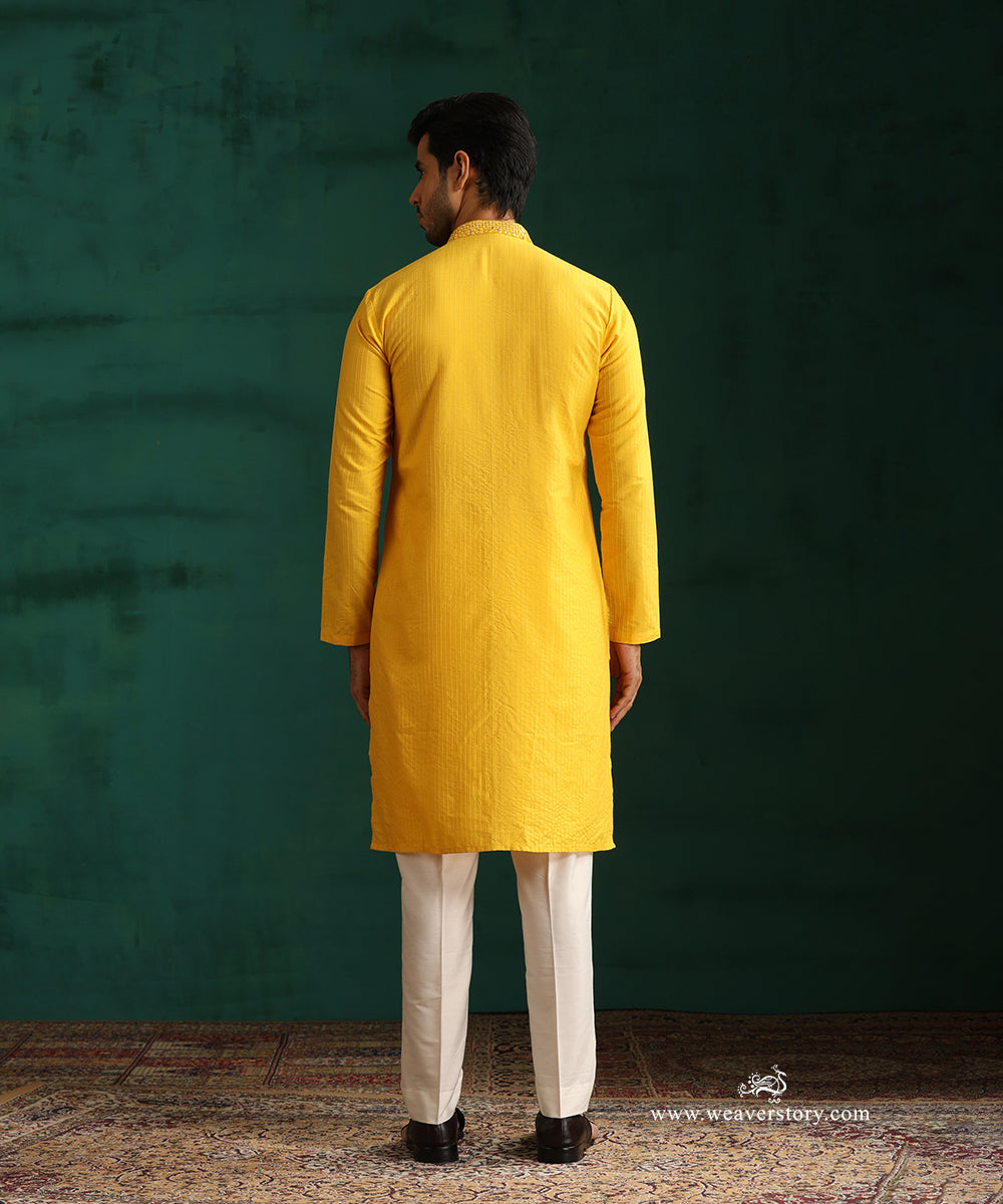 Yellow Handloom Cotton Silk Pintuck Kurta With Mirror Detailing With Pant