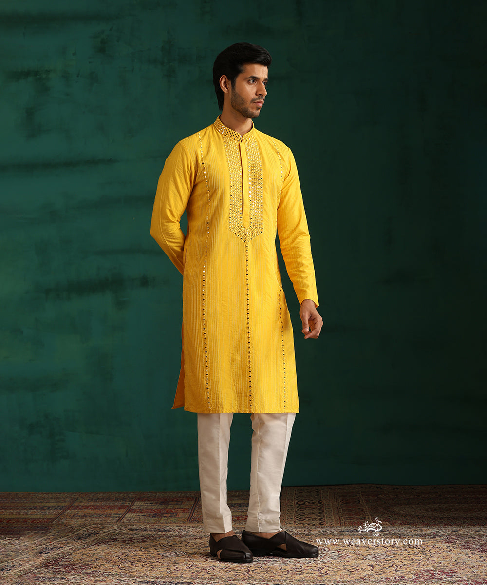 Yellow Handloom Cotton Silk Pintuck Kurta With Mirror Detailing With Pant