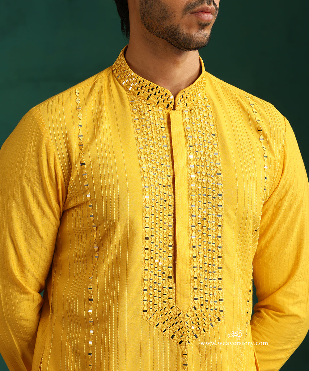 Yellow Handloom Cotton Silk Pintuck Kurta With Mirror Detailing With Pant