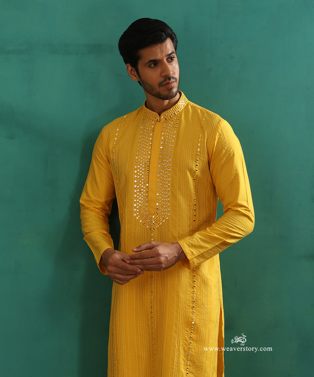Yellow Handloom Cotton Silk Pintuck Kurta With Mirror Detailing With Pant