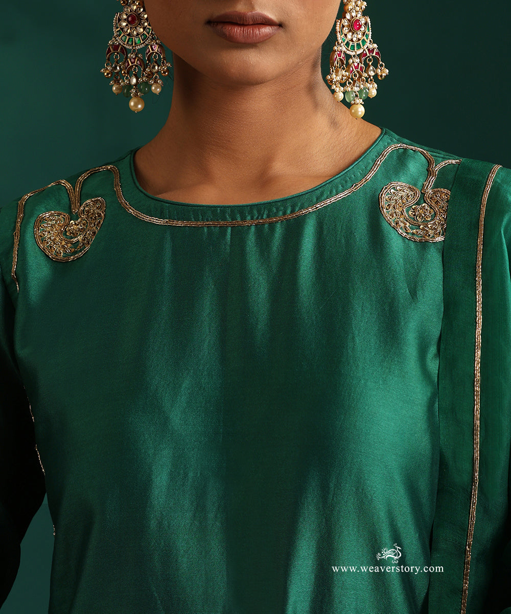Rama Green Pure Chanderi Silk Lehenga with Short Kurta and Organza Dupatta