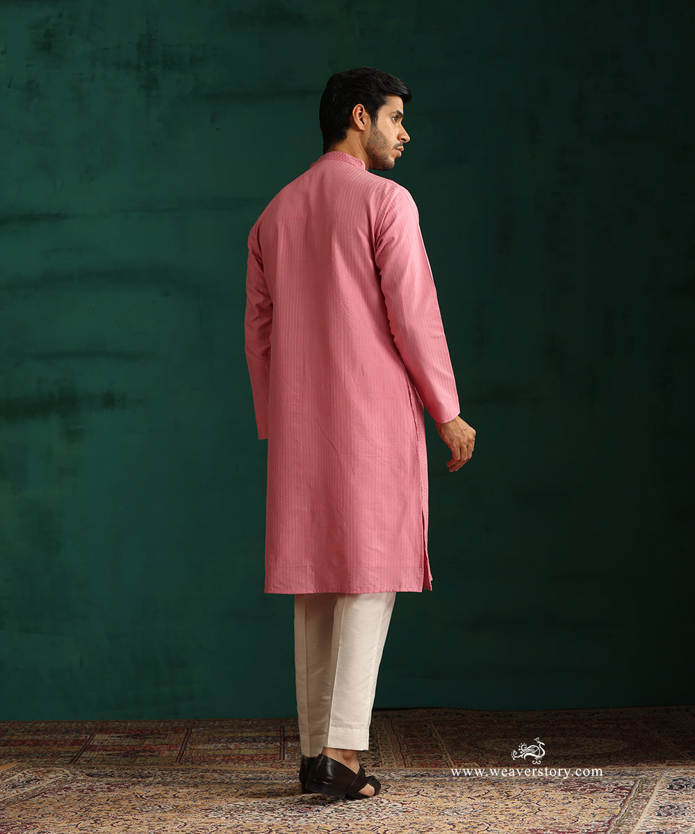 Pink Handloom Cotton Silk Pintuck Kurta With Barfi Desing With Pant