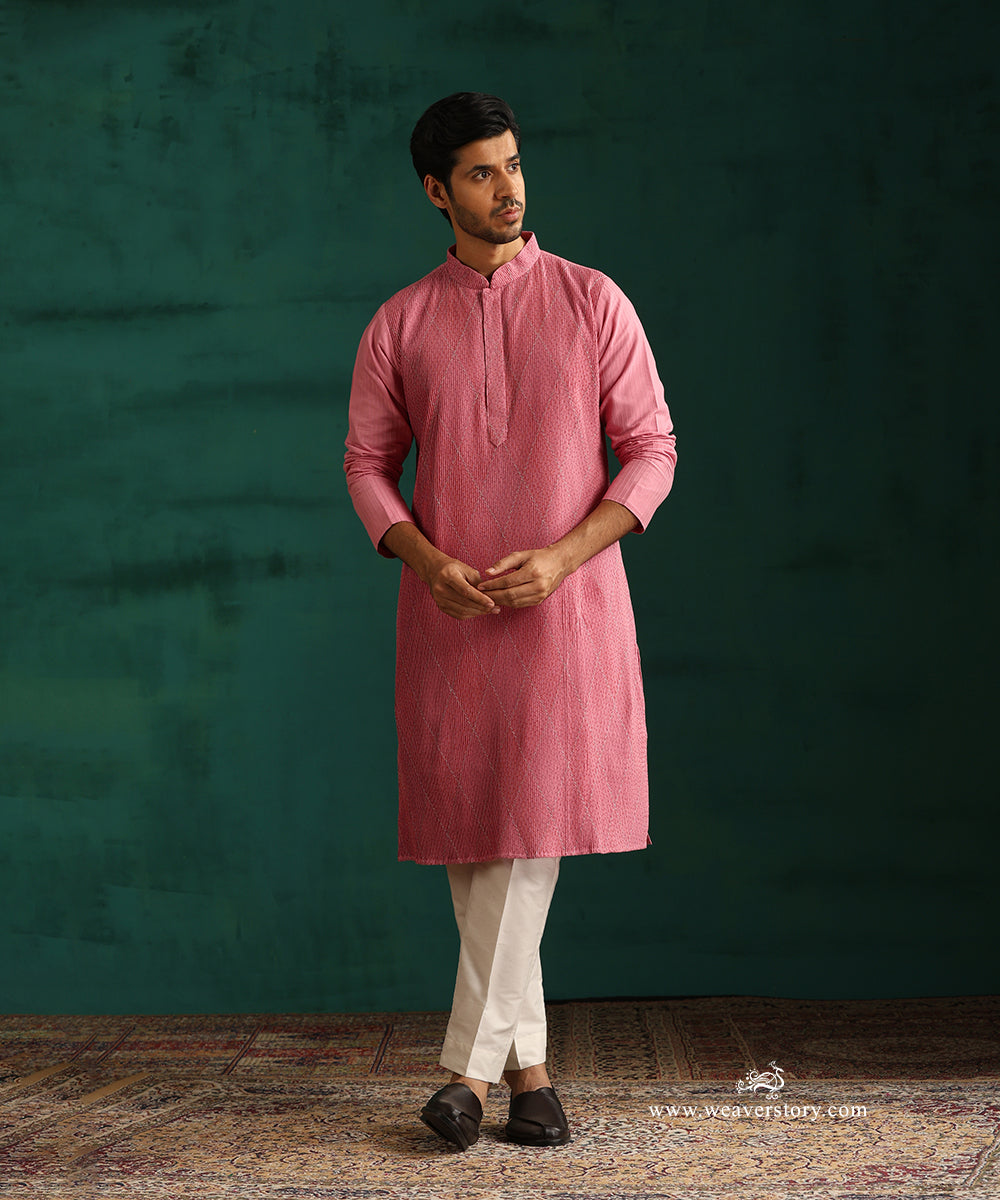 Pink Handloom Cotton Silk Pintuck Kurta With Barfi Desing With Pant