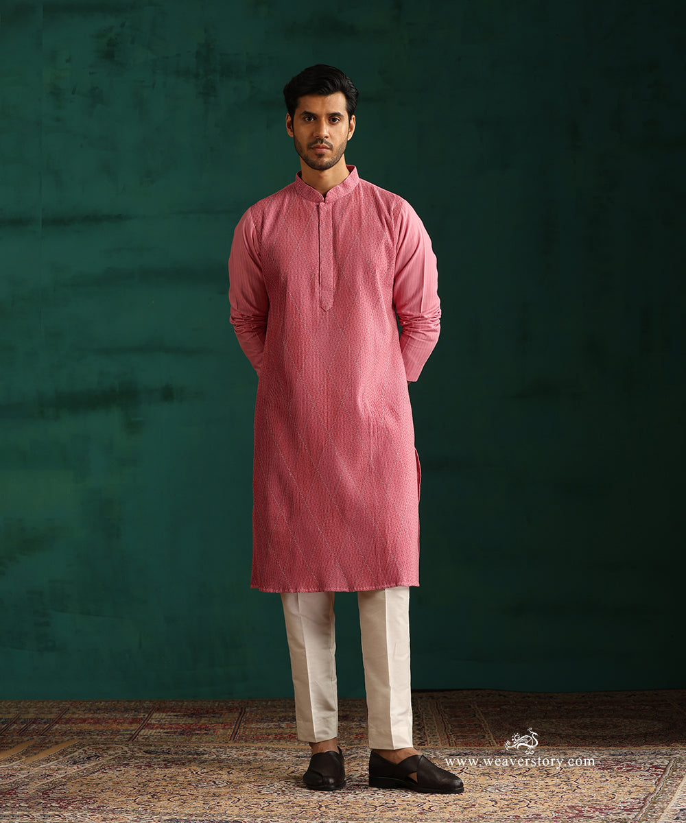 Pink Handloom Cotton Silk Pintuck Kurta With Barfi Desing With Pant