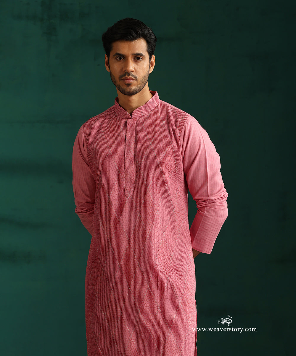Pink Handloom Cotton Silk Pintuck Kurta With Barfi Desing With Pant