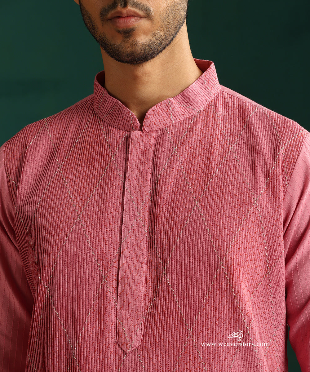 Pink Handloom Cotton Silk Pintuck Kurta With Barfi Desing With Pant