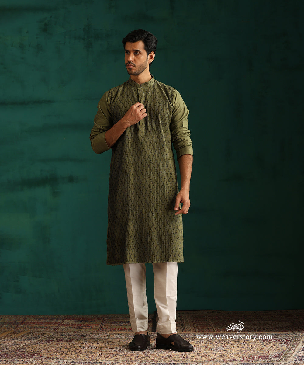 Olive Green Handloom Cotton Silk Pintuck Kurta Set With Rhombus Motifs Embroidery